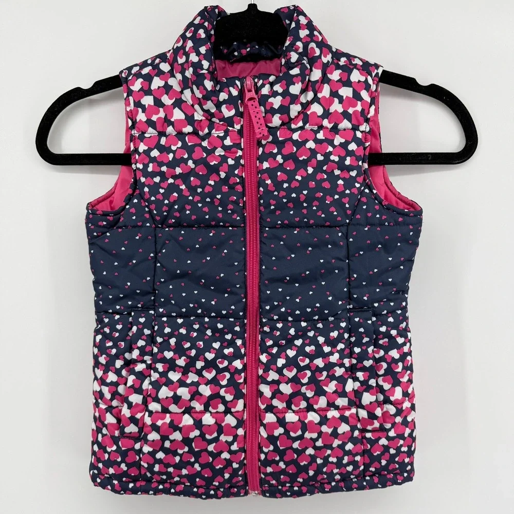 Lands End Kids Puffer Vest Navy Pink White Heart Print Size S 4 Full Zip Padded